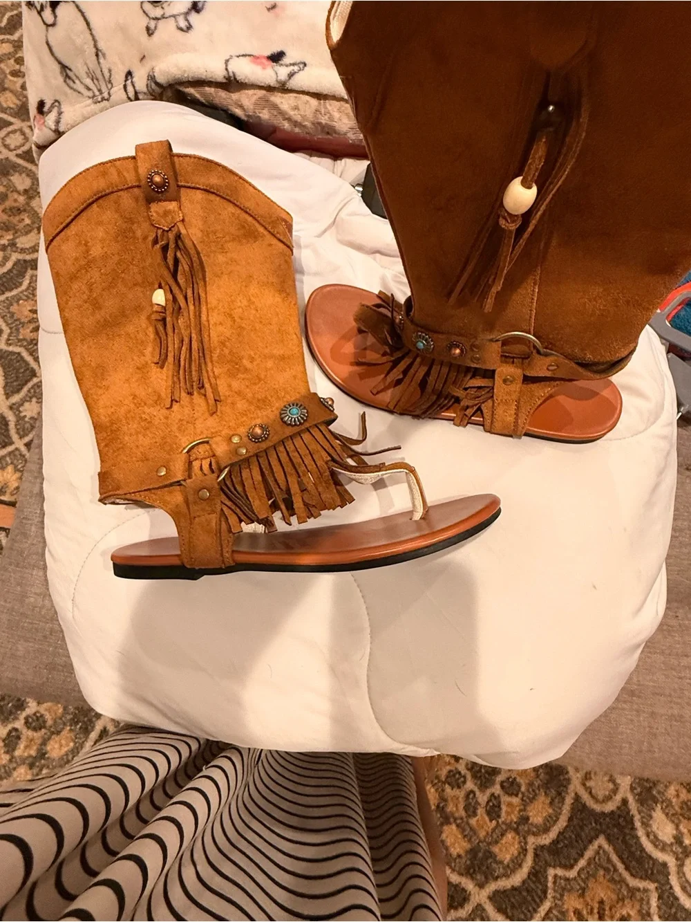 Fringe Suede Mid-Calf Sandal Boots - Tan